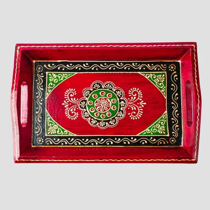 red handmade wooden tray for serving