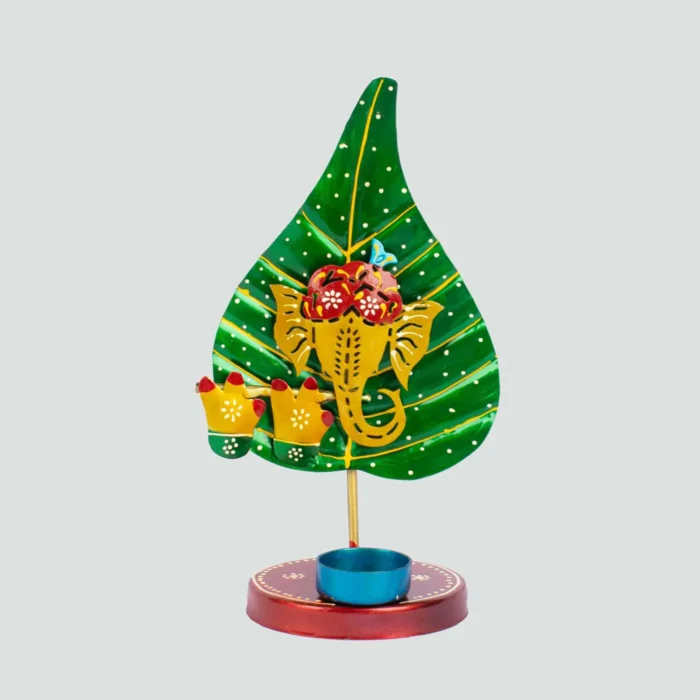 Ganesh ji on leaf (patta) handmade candle /diya stand green