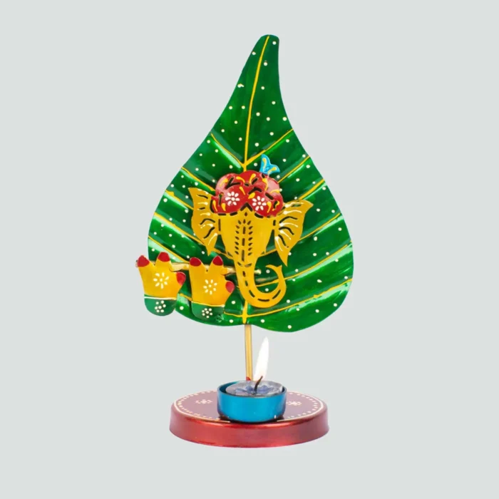 Ganesh ji on leaf (patta) handmade candle /diya stand green