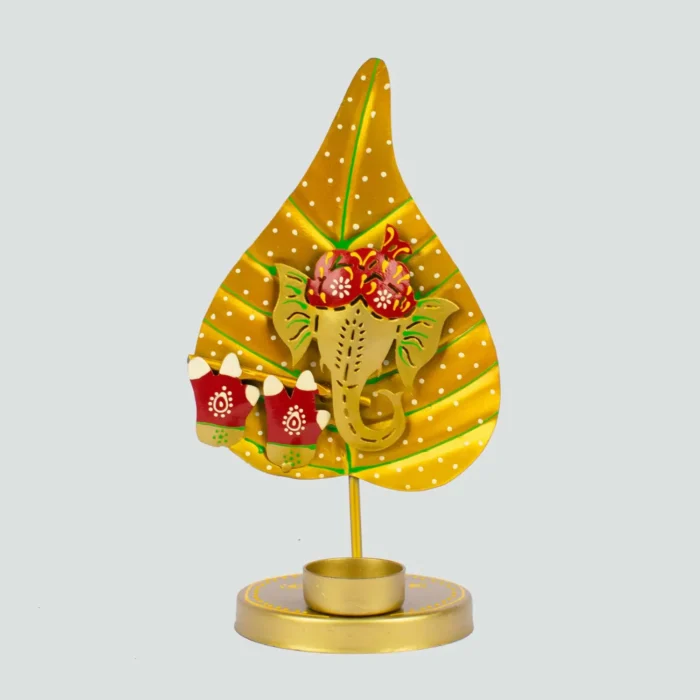 Ganesh ji on leaf (patta) handmade candle /diya stand yellow