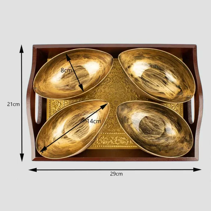 golden tray with metal bowls in golden color handicraft