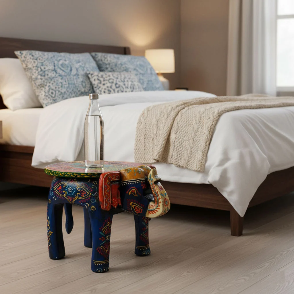 wooden-elephant-blue Painted Wooden elephant stool handicraft