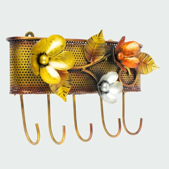 Handcrafted Metal Flower Key Holder with Storage Basket for wall decor