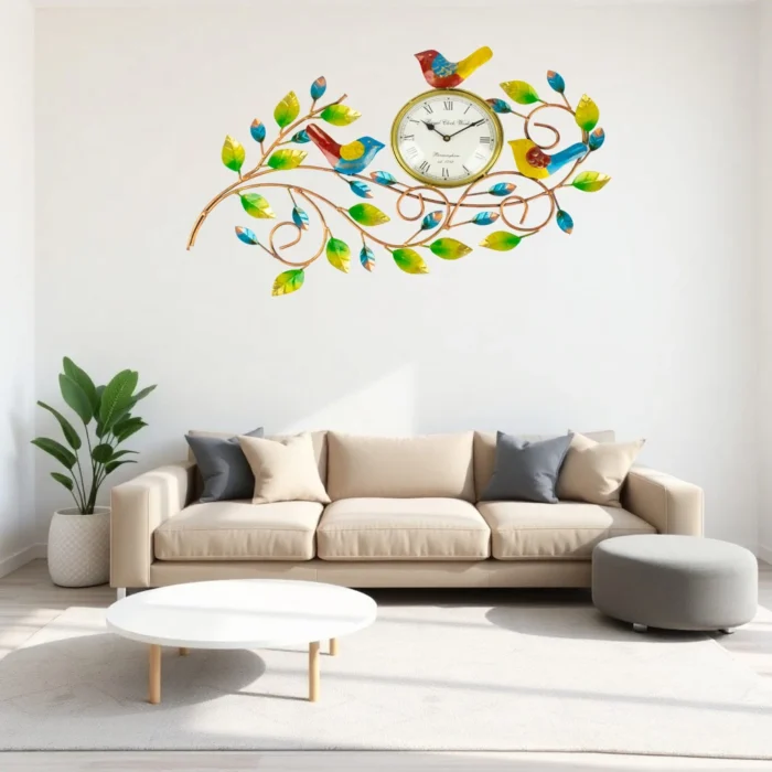 Handcrafted Metal Wall Clock with Birds and Leaves Design for wall decor