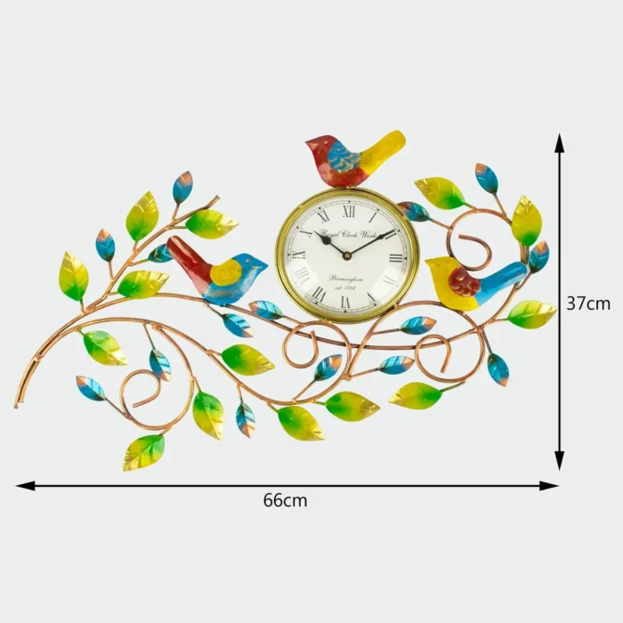 Handcrafted Metal Wall Clock with Birds and Leaves Design for wall decor