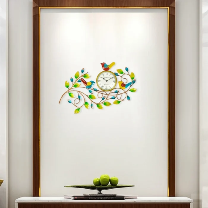 Handcrafted Metal Wall Clock with Birds and Leaves Design for wall decor
